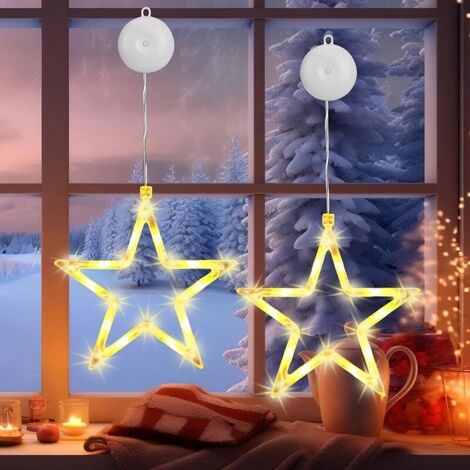 Lumières Fenêtre Décorative de Noël, 2 Pièces 10 LED Étoile Rideau Lumineux Piles Intérieur avec Ventouses, Minuterie, Guirlande Lumineuse Décoration pour Noël, Fête, Mariage (Blanc Chaud) (1/5)