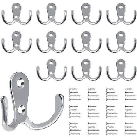 Lot de 12 crochets muraux doubles - En métal argenté - Style vintage - Avec 48 vis - Pour porte-manteau, salle de bain, cuisine - Argenté (1/5)
