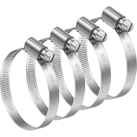 4 Pièces 60-80mm Collier de Serrage Réglable, Collier de Serrage Inox 304 Collier Serrage Métallique pour la Plomberie, Piscine, l'Automobile et les Applications Mécaniques (1/5)