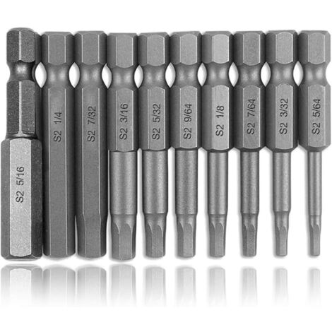 10pcs Set Bits Embouts de Tournevis Magnétiques à Tête Hexagonale Intérieure 50 mm de Tige Hexagonale 1/4 pouce en Acier S2 Jeu d'embouts de Tournevis Hexagonaux Imperial 5/64-5/16 Pouce (1/5)