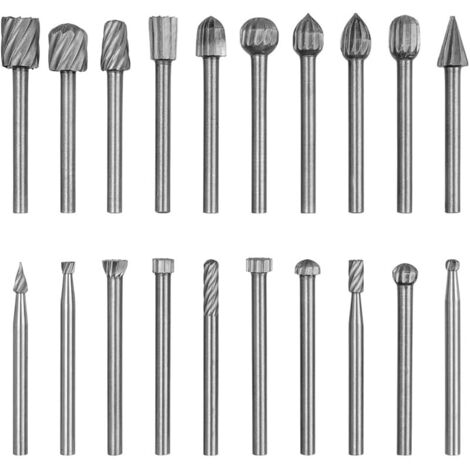 Lot de 20 Fraises Rotatives HSS Burrs Rotatives en 3mm Tige, Coupe Rotative Bavure Outil Routage de Bois en Acier Rapide pour Fraisage Sculpture Polissage sur Bois Pierre Métal (1/5)