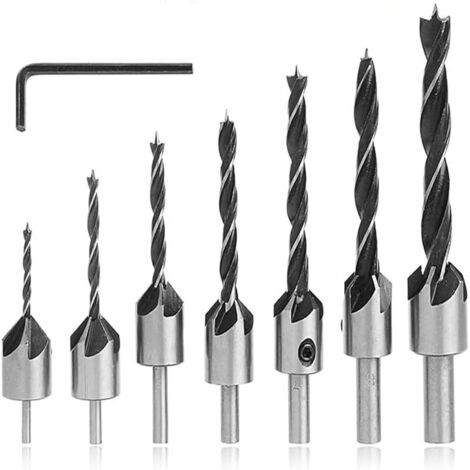 7pcs Foret Bois avec Fraise en Acier, Foret Fraisé à Chanfrein Conique 5 Flûte Alésoir de Menuiserie Hélicoïdal, Mèche à Fraiser avec Clé Hexagonale Outil Chanfreinage pour Bois (3-10mm) (1/5)