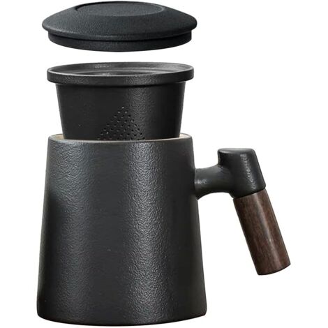 Tasse à Thé avec Couvercle et Passoire, Tasses à thé en Porcelaine Grande 400ml avec Infuseur et Poignée en Bois, Cup Céramique émaillée Mate Jumbo pour Cadeaux Thé ou Infuser Café,sans Plastique Noir