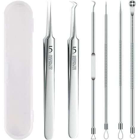 6 Pièces Extracteur point Noir, Tire Comedon Point Noir avec Boîte Transparente, Acier Inoxydable Blackhead Remover Outilour pour Points Noirs Acné Milia et Autres Impuretés de la Peau(Argent) (1/5)