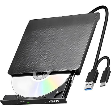 Lecteur CD DVD Externe pour PC USB 3.0 & Type C, Portable Graveur DVD Externe, Plug and Play CD/DVD +/-RW Drive, Mince DVD Player Câble USB Intégrée pour Windows/MacOS/Laptop/Desktops/Linux