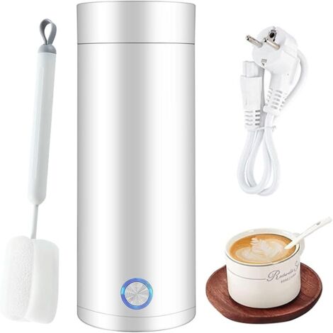 Bouilloire Electrique Portable Mini 400ml avec Brosse Nettoyage,3 en 1 Thermos Voyage Mug Chauffant Arrêt automatique,Flacon Thermos Petite Acier Inoxydable 300W Blanc,Tasse Cuisson pour Thé,Lait,Café (1/5)