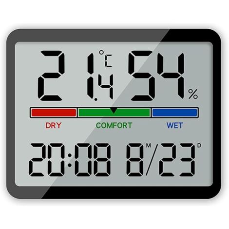 Hygromètre-Thermomètre numérique d'intérieur précis - Écran LCD grand - Thermomètre avec horloge - Pour serre et maison - Noir