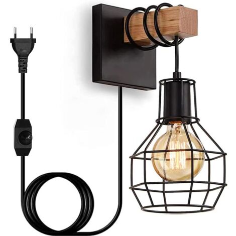 Applique Murale Intérieur Bois Vintage, E27 Rétro Dimmable Lampe Murale avec Prise et Interrupteur, Lampe de Chevet Industrielle cage en Métal pour Chambre, Salon, Escalier, Noir (Sans Ampoule)