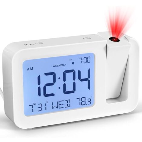 Réveil avec projection, réveil numérique pour chambre à coucher, salon, réveil projecteur avec température et date, 4 luminosité, fonction snooze de 9 minutes, 12/24 h, mode week-end/jour