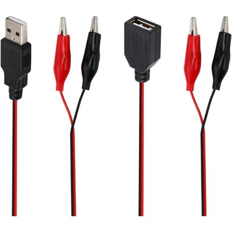 Lot de 2 câbles de test USB vers double pinces crocodiles en cuivre, connecteur USB mâle femelle vers pinces crocodiles pour test de circuit électrique (1/5)
