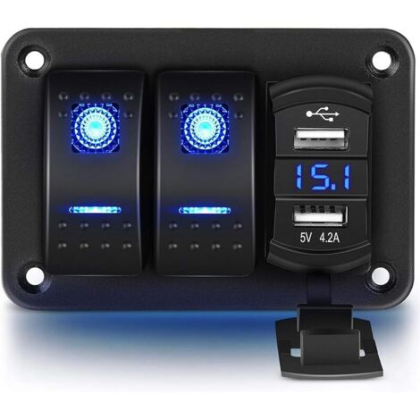 Panneau en aluminium à 2 interrupteurs à bascule avec voltmètre et double port USB (4.2A),charge rapide,rétroéclairage LED bleu,pré-câblé,étanche IP65,pour bateau,voiture et camion (bleu) (1/5)