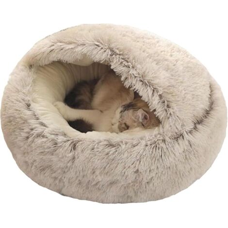 Lit Rond Moelleux pour Chat - en Peluche Douce - avec Capuche - pour l'hiver - Antidérapant - Lavable en Machine - Gris - 2 40 cm (1/5)