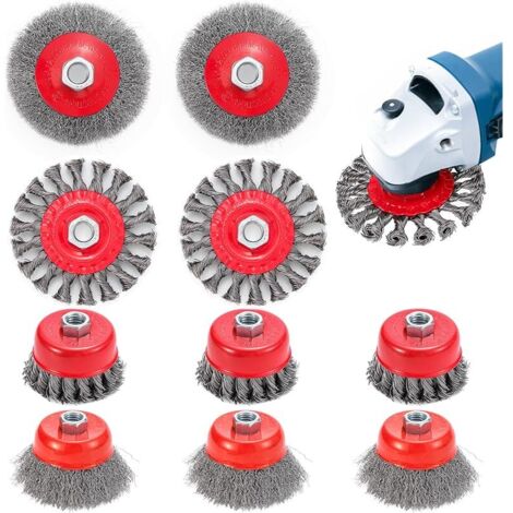 Lot de 10 brosses métalliques pour meuleuse d'angle, 75 mm et 100 mm avec filetage M14, brosse métallique pour le nettoyage, l'élimination de la rouille et le meulage (1/5)