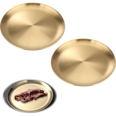 Plats Ronds en Acier Inoxydable Décoratif Doré Rond Plateau de Service en Acier Inoxydable Plat de Présentation Assiettes Ronds Camping Gâteaux pour Cuisine de Présentation 2 Pièces (17cm)