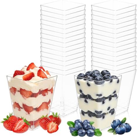Lot de 50 verres à dessert en plastique - 160 ml - Gobelets à dessert réutilisables - Verres à dessert carrés pour le bricolage, les desserts, la mousse, la crème glacée (1/5)