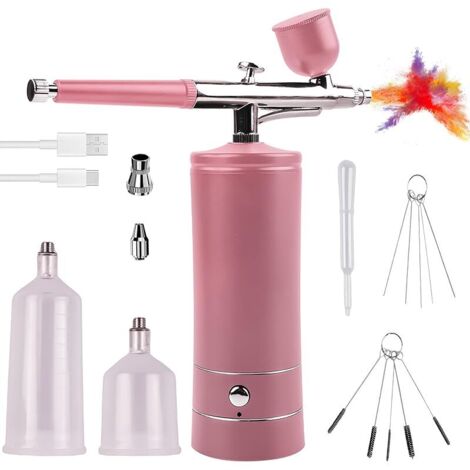 Kit aérographe portable rechargeable avec brosse, mini aérographe avec compresseur pour décoration d'ongles, maquillage, tatouage, modélisation de modèle, rose (1/5)