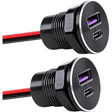 Prise USB 12V Voiture, Prise Double USB, Chargeur Allume-Cigare USB-C PD3.0 30W & QC3.0 18W en Aluminium pour Camping-Car, Bateau, Camion, – Conception Encastrable 22mm (Lot de 2)
