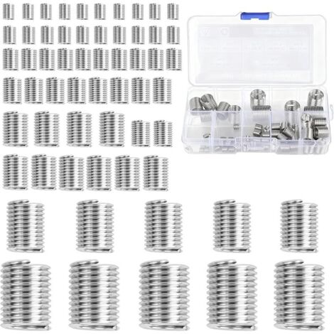 Insert fileté Metal 60 Pièces, M3 M4 M5 M6 M8 M10 M12 Kit de réparation de filets en acier Inoxydable pour réparation de filetage métal et bois, Douilles à visser Inserts pour écrous hexagonaux