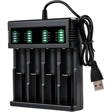 Chargeur 18650 avec écran LCD, chargeur de batterie Li-ion, chargeur rapide 4 compartiments pour batteries 3,7 V, universellement compatible avec 18650, 26650, 18500, 14500, 21700, 26700, USB-A