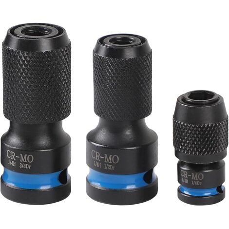 Lot de 3 Adaptateurs de Douille 1/2" + 3/8" + 1/4" Carré à 1/4" Hexagonal Kit Complet Cr-Mo pour Toutes Clés à Choc et Visseuses (1/5)