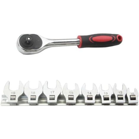 Lot de 9 clés métriques à pied d'oie, têtes à cliquet à extrémité ouverte de 10 à 19 mm pour entraînement de 3/8", kit d'outils en acier argenté avec support de rangement pour réparation automobile (1/5)