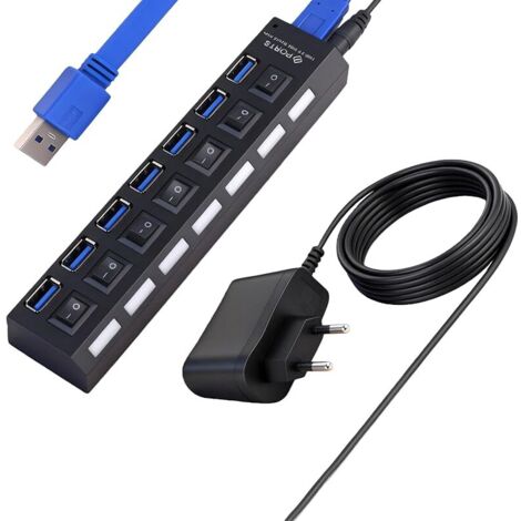 Hub USB 3.0, Alimenté 7 Ports avec Bloc d'alimentation 5V/1A, Multiport USB Et Lumière LED avec Interrupteurs Individuels et Port de Charge Intelligente 2.4A pour PC, Mac, Disque Dur (1/5)