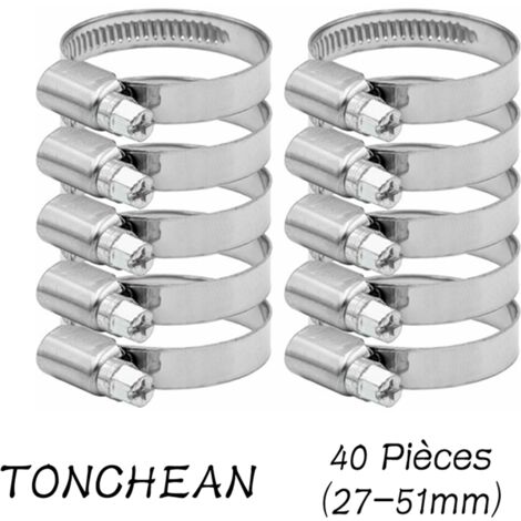 TONCHEAN Collier de Serrage Tuyau Réglable 27-51mm Gamme en Acier Inoxydable 304 Assortiment Tuyau Pinces Clips pour Famille Tuyau D'eau, Home Gaz, Tube D'automobiles, Robinet 40 Pièces (12mm)