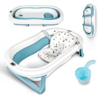 XXL Baignoire Pliable Bébé avec Thermomètre à eau, Coussin, Rince Tete Bebe, Baignoire Bebe, baignoire bebe pliable pour les bébés de 0 à 6 ans, 83 X 50 X 21 cm (Bleu)