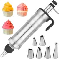 Seringue à gâteau en acier inoxydable avec 6 douilles, réutilisable, pour cupcakes, gâteaux, biscuits, beignets, pâtisseries