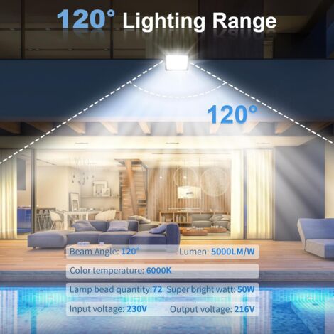 Projecteur LED Extérieur 50W IP66 - 5000 Lumens - Blanc Chaud 3500K - Étanche - Pour Jardin, Garage, Parking - 120°