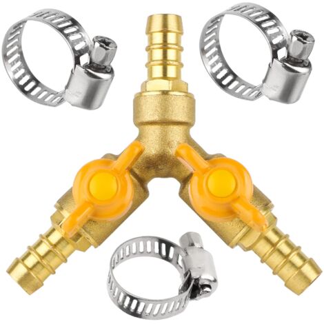 Raccord de Tuyau Séparateur 3 Voies Connecteur Adaptateur Tuyaux Robinet d'arrêt Laiton Robinet à Bille avec 3 Colliers de Serrage pour Air Eau Gaz (pour Tuyau ID 10 mm-11 mm) (1/5)