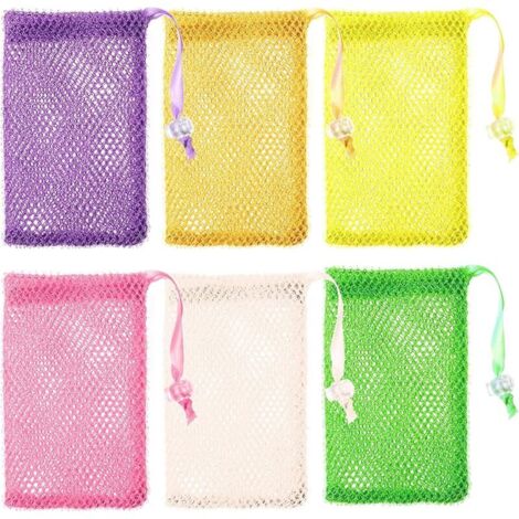 Lot de 6 filets à savon, 14 cm x 9 cm, sacs à savon en maille nylon avec cordon de serrage, multicolore (1/5)