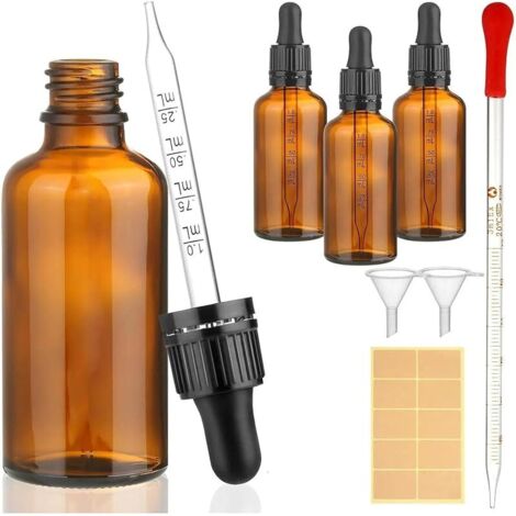 4 pcs pipettes de 50 ml, dont 4 accessoires auxiliaires, flacons en verre marron, pour huiles essentielles, huiles de parfum, colorants liquides, mélanges d'aromathérapie (1/5)
