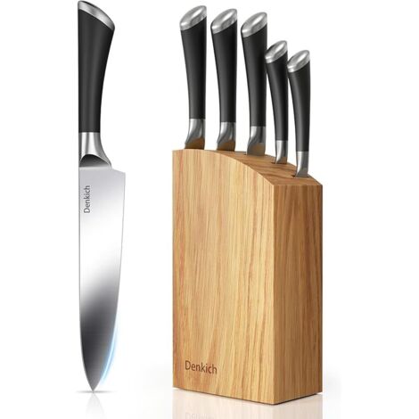Couteau Cuisine, 6 Pièces Professionnels Couteaux et Ustensiles de Cuisine en Acier Inoxydable, couteaux de cuisine Porte-couteau en Bois de caoutchouc, Compris Couteau de Chef Pain etc (8'')