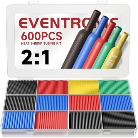 ET1001 Gaine Thermorétractable 600 Pièces, IP56 Étanchéité, EVA Matériau, Total 27 m, 5 Couleurs, 12 Tailles, Idéal pour l'isolation Électrique et Les Connexions de Fils, Jamais Estompé (1/5)