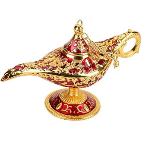 Lampe d'Aladin, Lampe Décorative Aladin en Métal Génie Lampe Magique Légende Lumière Magnifiquement Décoration Magique pour Table Maison Hôtel (Or et rouge)