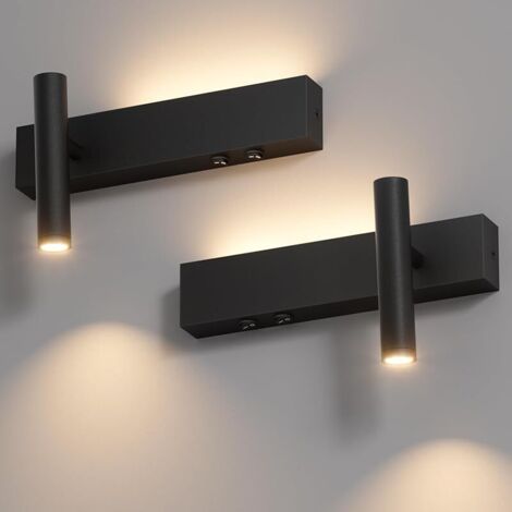 2X LED Applique Murale Interieur 2 Flammes, 3W+3W 3000K Lampe Murale avec 2 Boutons, Rond Spot Mural 330°Rotation /60°Orientable, Aluminium, pour Chambre Salon, Lumière Chaude, Noir