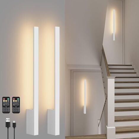 6000 mAh Lampe murale d'intérieur Batterie dimmable,2PCS Appliques murales sans fil avec télécommande,Lampe murale à batterie rechargeable pour salon,3000K-6000K,60 cm,5W,Blanc