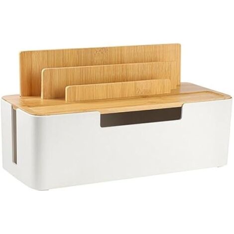 Boîte de gestion des câbles avec couvercle en bois, rangement multi-appareils pour téléphones/tablettes/smartwatches, rangement des câbles sur le bureau pour un espace de travail ordonné (Blanc) (1/5)