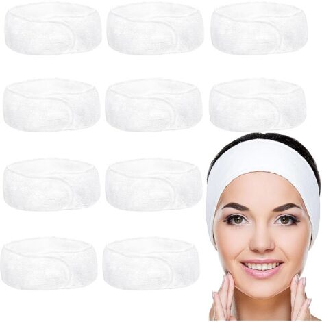 Bandeau Cheveux Femme Maquillage Spa Blanc (Lot de 10) - Bandeau Maquillage - Tissu Eponge Ajustable pour Visage et Douche - Protection Cheveux et Tête pour Lavage, Bains et Sport (1/5)