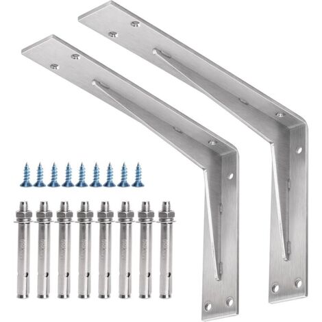 Lot de 2 supports de comptoir 300 x 200 x 50 mm, 5 mm d'épaisseur, support mural en acier inoxydable pour étagère ouverte, avec chevilles murales en métal et vis (1/5)