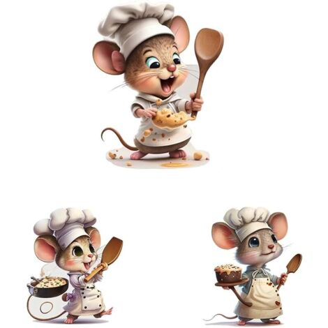 Lot De 3 Stickers Muraux Décoratifs, Souris Mignonne En Cuisine, Décoration Murale Cuisine, Design Cartoon (3) (1/5)