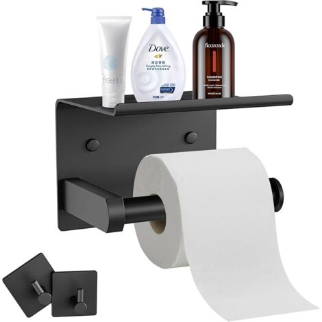 Porte Papier Toilette Mural ou Auto-Adhésif, Support Papier Rouleau WC Acier Inoxydable avec Etagère, Derouleur Papier Toilette avec 2 Crochets, Distributeur Papier Percage sans pour Salle Bain(Noir) (1/5)