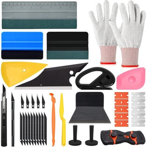 Kit Covering Outils de Film de fenêtre de Voiture, avec Cutter, Cutter de Précision, Raclette en Feutre, Mini-raclettes, Grattoir, Lame de Rechange, pour Film de Fenêtre, Stickers Meubles