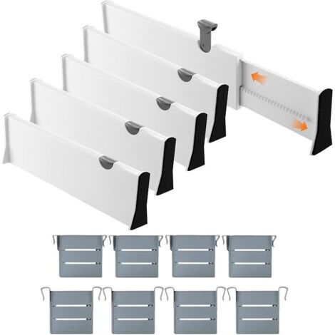 Lot de 5 Separateur Tiroirs Réglable, Organisateur Extensible 37.6-54cm, Séparateur Tiroir Plastique Hauteur 10cm, Commode Ajustable pour Bureau, Cuisine, Salle Bain, Chambre Coucher, Armoire (Blanc) (1/5)