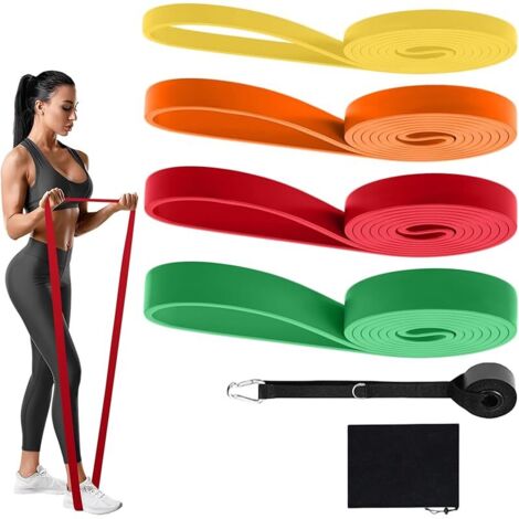 4 Bandes Résistance avec Ancrage Porte & Sac Transport, Bande Traction Élastique pour Hommes & Femmes, Bandes Entraînement Sport pour Yoga, Fitness, Tractions, Musculation, Étirement, Pilates