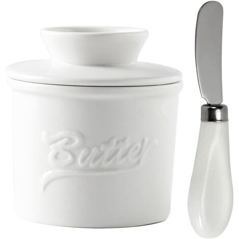 Pot Beurre Français Porcelaine avec Couvercle, Couteau Beurre, Beurrier Fromage Céramique pour Beurre Mou, Beurrier Eau avec Refroidissement, Récipient Beurre, Conteneur Conserve Beurre Rond(Blanc) (1/5)