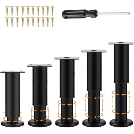5 Pièces Pieds Meubles Noir Réglables 18-30cm, Jambe Support Canapé avec 20 Vis et 1 Tournevis, Pied Lit pour Table, Chaise, Bureau, Cuisine, Armoire, Pieds Salle Bain Ronds Universel Perçage sans (1/5)