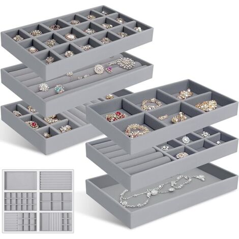6 Pièces Plateaux Bijoux Velours, Organisateur Bijoux Empilable, Jewelry Organizer, Organiseur Rangement Tiroir pour Ranger et Présenter Colliers, Bagues, Boucles Oreilles, Bracelet (Gris) (1/5)