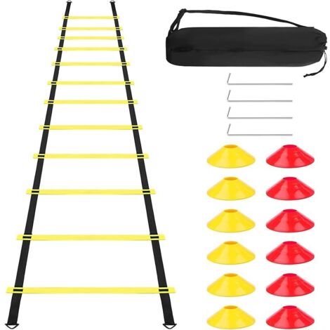 Kit Accessoires Entraînement Football, avec 6M Échelle Agilité, 12 Cônes, 4 Poteaux, 1 Sac Rangement, Echelle Coordination, Équipement Entraînement Vitesse pour Jeunes, Adultes, Basket-ball, Athlètes (1/5)